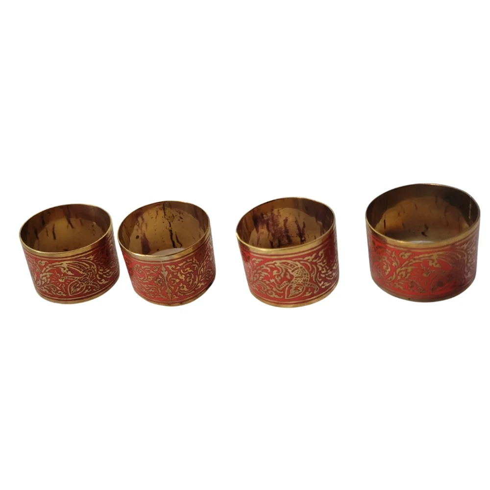 Vintage Thai Napkin Rings Lot Of 12 Brass Red Enamel Traditional Boho Dinner